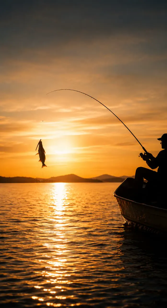 Pescador durante o pôr do sol