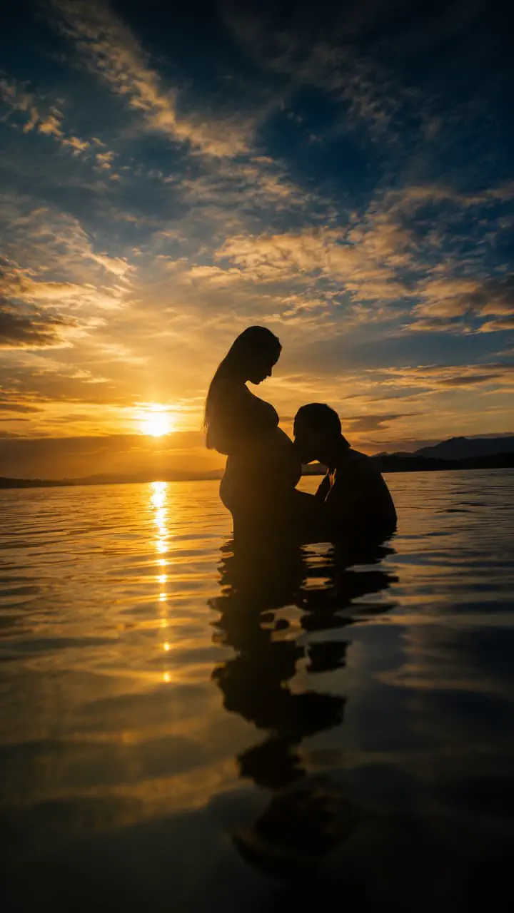 Família compartilhando um momento na lagoa ao pôr do sol